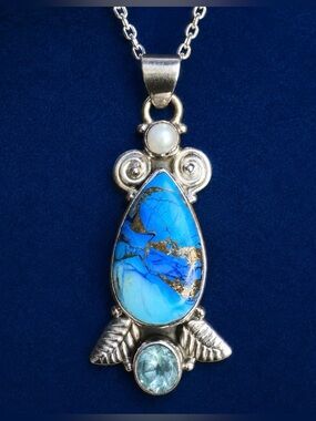 Pendant Turquoise Copper Infused 925 Sterling Silver & Aquamarine Gemstone